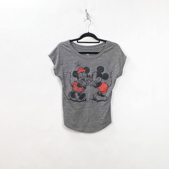 Disney Parks XS Womens Gray Marled Mickey Minnie Mouse Graphic Tee - Picture 1 of 5